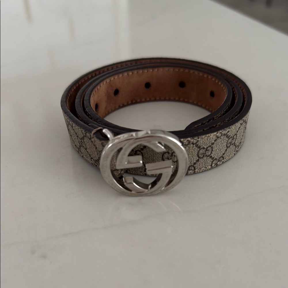 Gucci Beige and Brown Patterned Belt with Silver Buckle